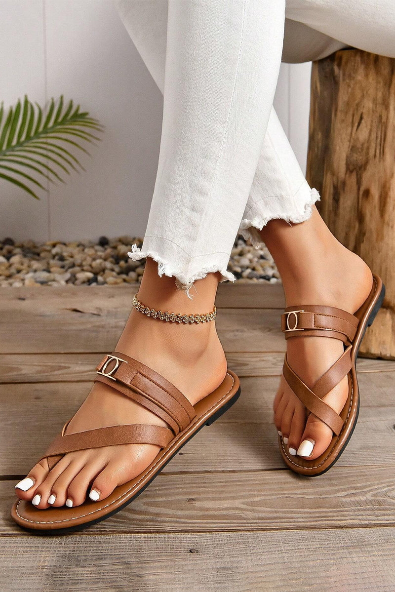 Chestnut Cross Toe Metal Buckle Strap Flat Slides Shoes