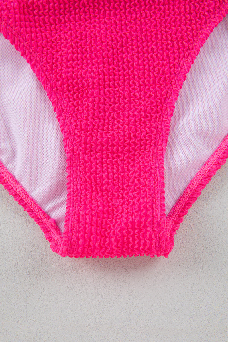 Bright Pink Solid Textured Cut Out Asymmetric One-piece Swimsuit