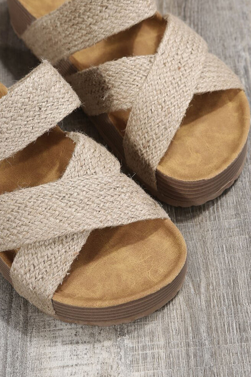 Brown Woven Criss Cross Strap Platform Slides Shoes