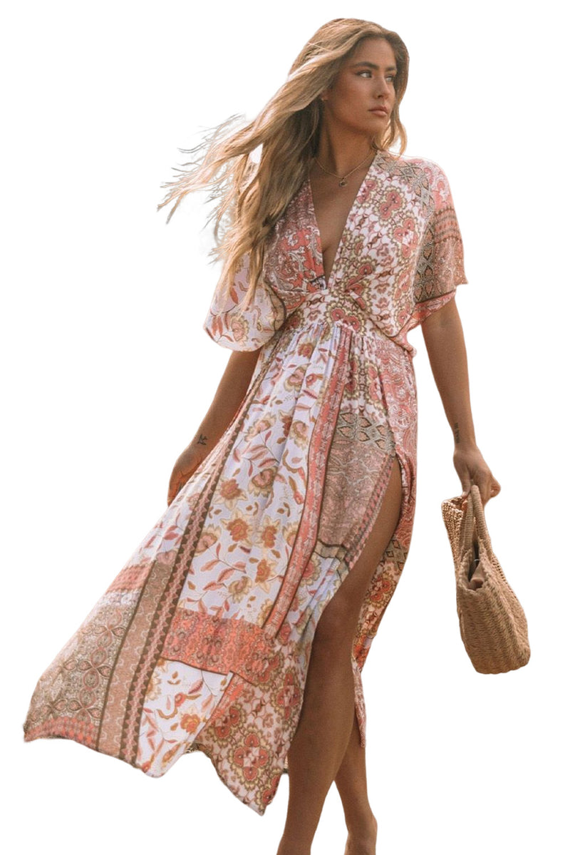 Red Boho Print Deep V Kimono Sleeves Beach Dress With Split