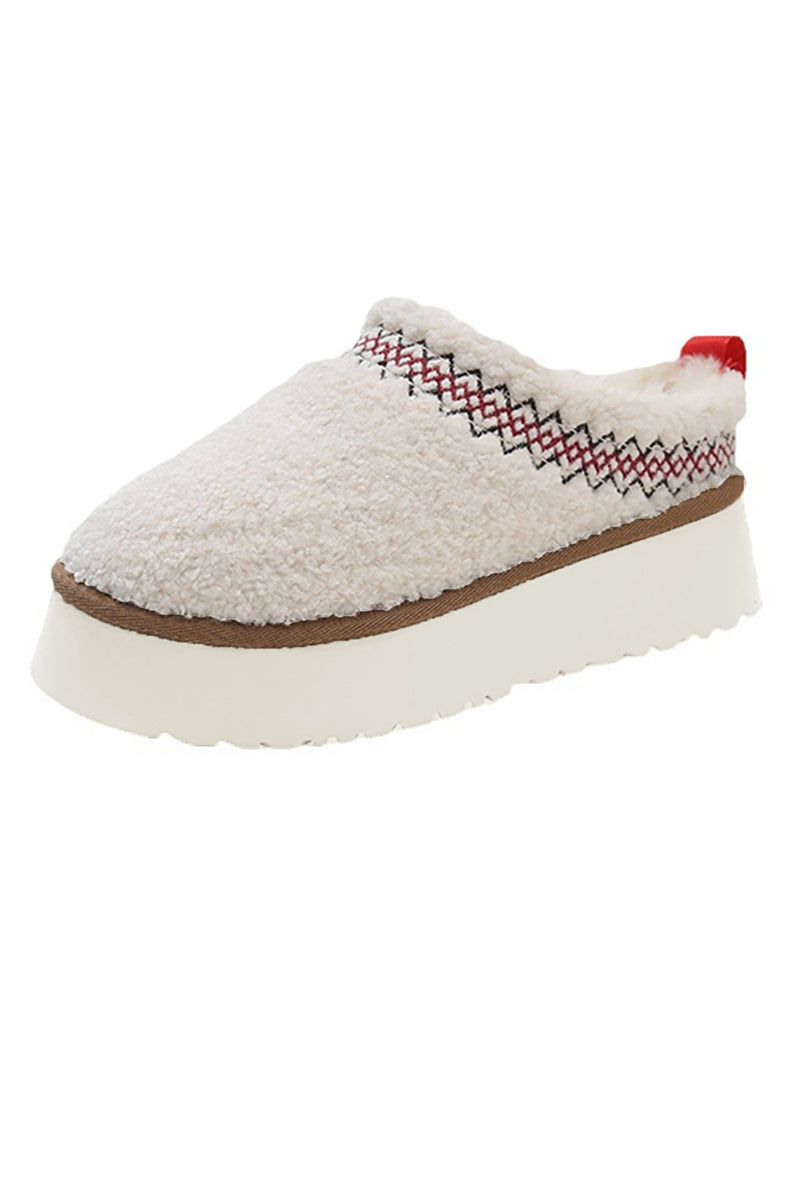 White Suede Contrast Print Plush Thick Sole Slippers