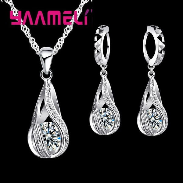 CZ 925 Sterling Silver Plated Drop Earring and Pendant Necklace set