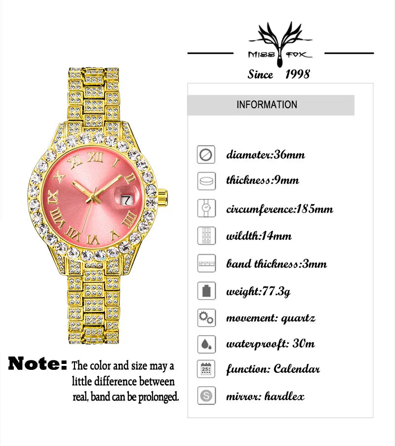 Women's Luxury Watch Miss Fox Fashion Waterproof Iced Diamond Quartz Watch