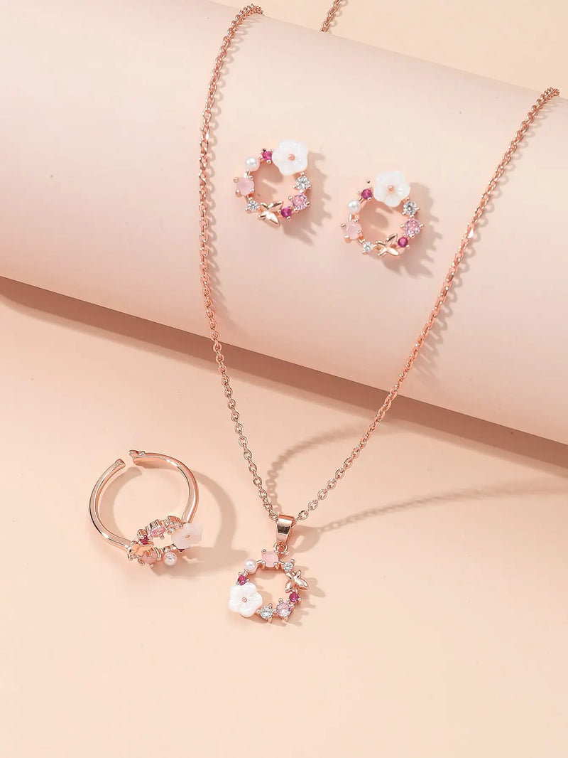 4 PiecesRose Gold Zircon Jewelry Set