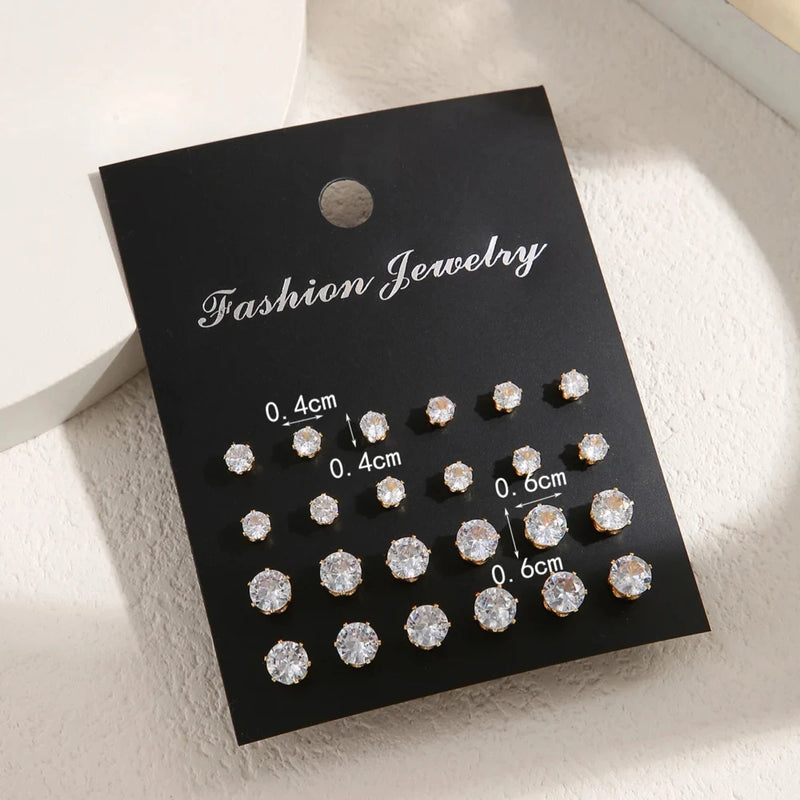 Unisex 12 Pair  White Crystal Earring Stud Set