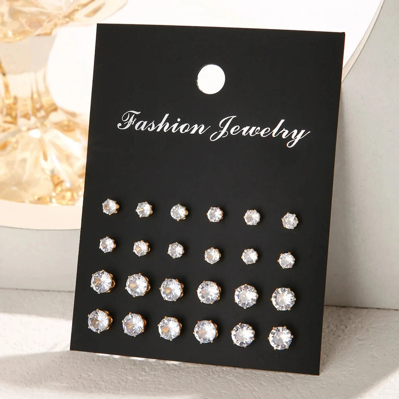 Unisex 12 Pair  White Crystal Earring Stud Set