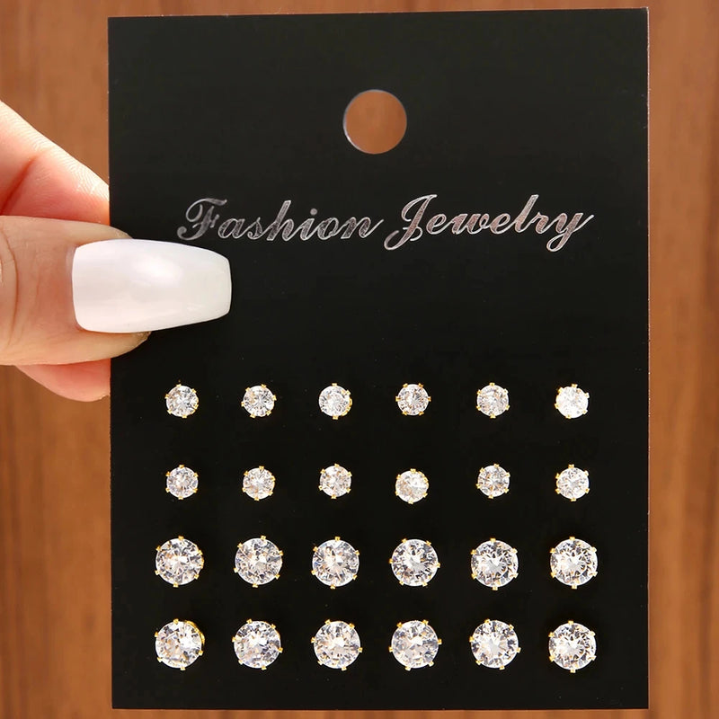 Unisex 12 Pair  White Crystal Earring Stud Set