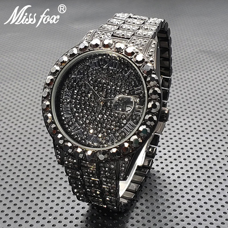 Stylish Black Crystal Hip Hop Watch For Men