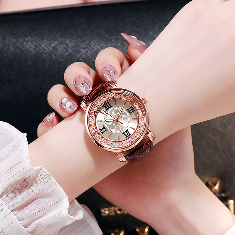 Women's Leather Strap Crystal Beads watch