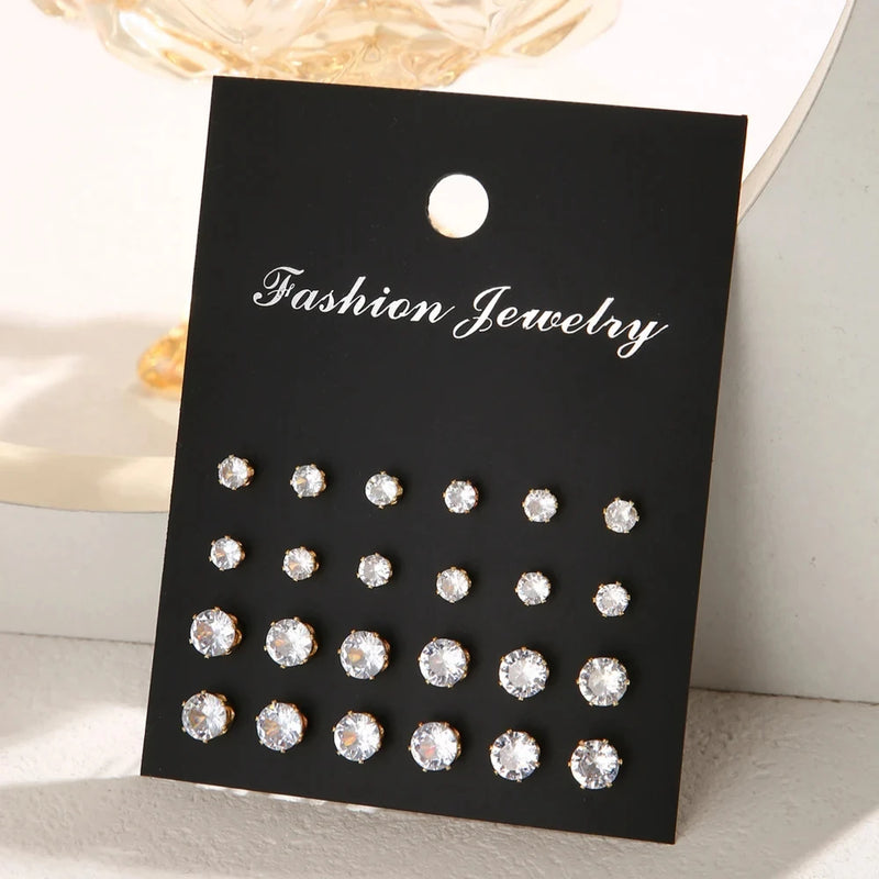 Unisex 12 Pair  White Crystal Earring Stud Set