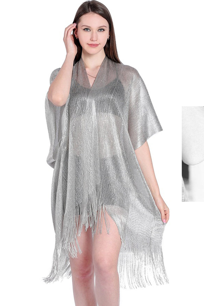 Gold Batwing Sleeve Tasseled Mesh Beach Cover Up