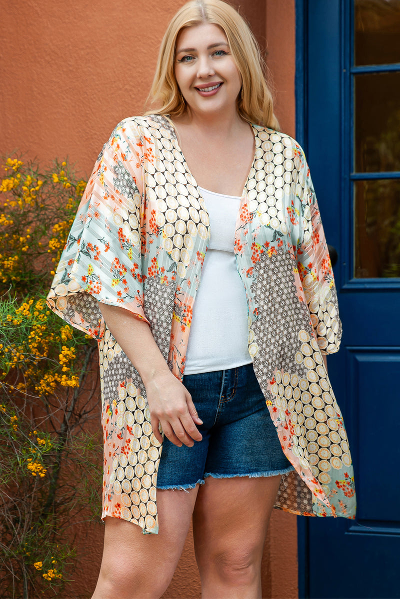 Green Floral Geometric Print Open Front Plus Size Cover-up