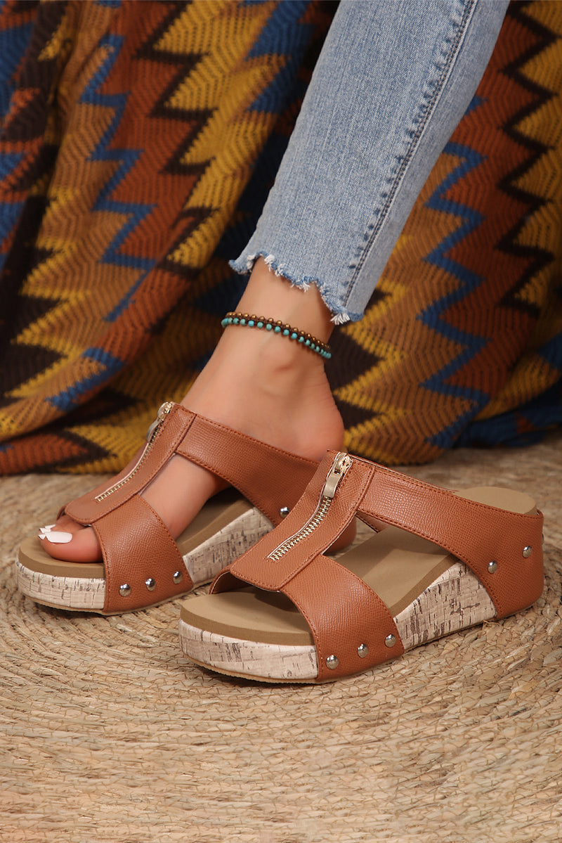 Camel Hollow Out Zipped Studded Wedge Slides Shoes