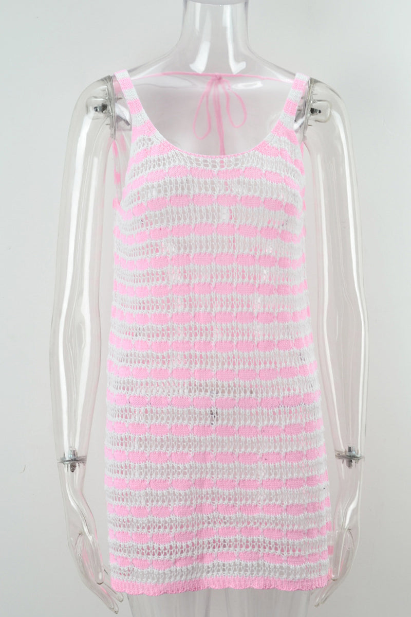 Pink Contrast Stripes Crochet Sleeveless Beach Dress