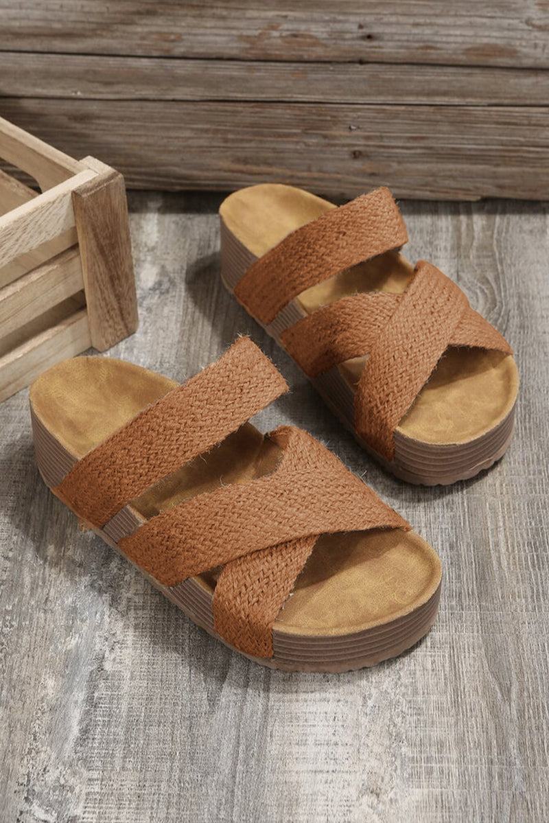 Brown Woven Criss Cross Strap Platform Slides Shoes