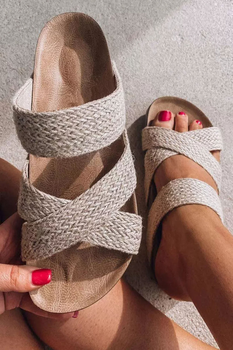 Brown Woven Criss Cross Strap Platform Slides Shoes