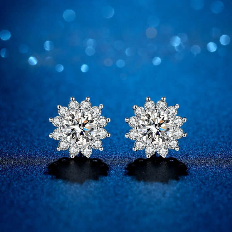 Sun Flower Moissanite Silver Stud Earrings