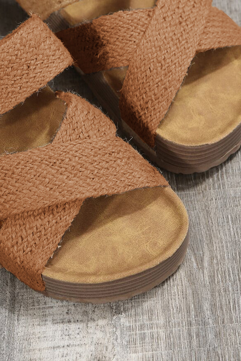 Brown Woven Criss Cross Strap Platform Slides Shoes