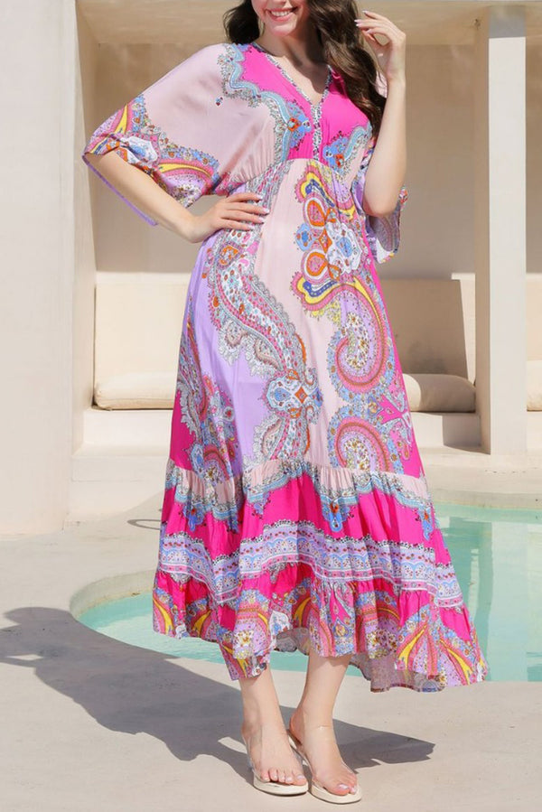 Rose Red Ethnic Print Flowy Boho Maxi Cover-up Sundress