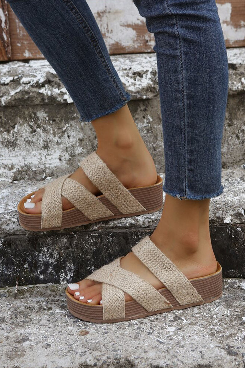 Brown Woven Criss Cross Strap Platform Slides Shoes