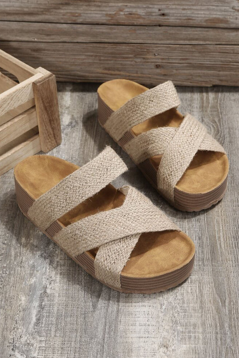 Brown Woven Criss Cross Strap Platform Slides Shoes