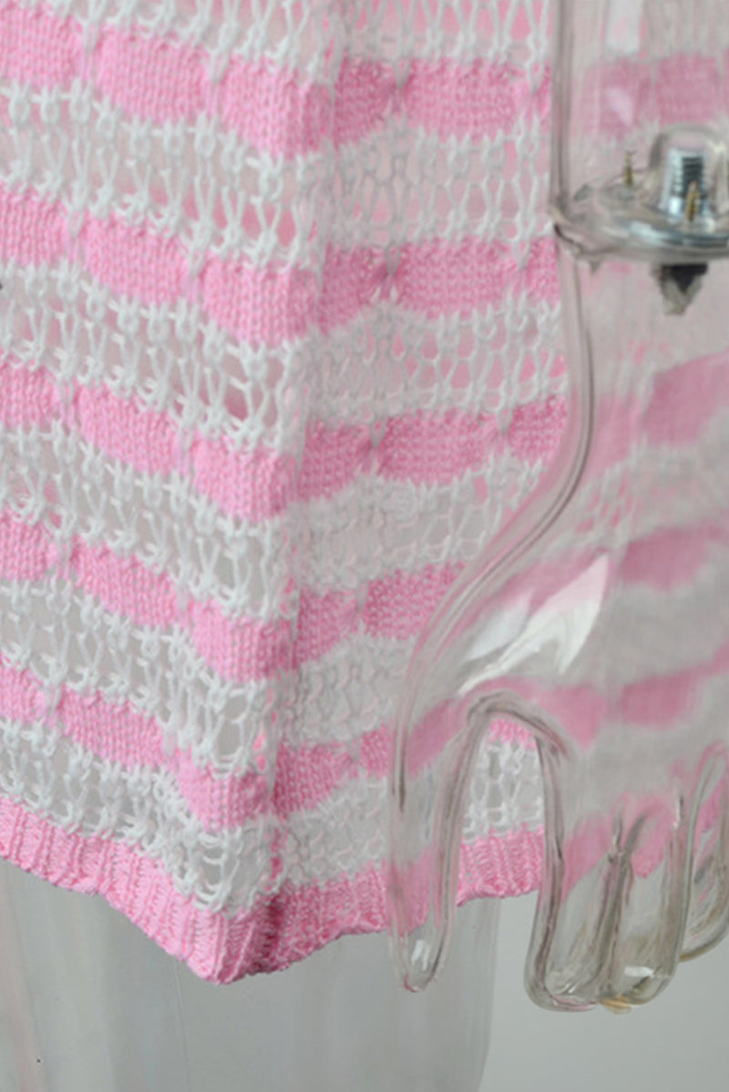 Pink Contrast Stripes Crochet Sleeveless Beach Dress