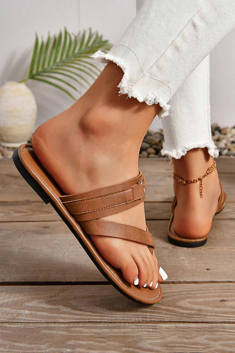 Chestnut Cross Toe Metal Buckle Strap Flat Slides Shoes