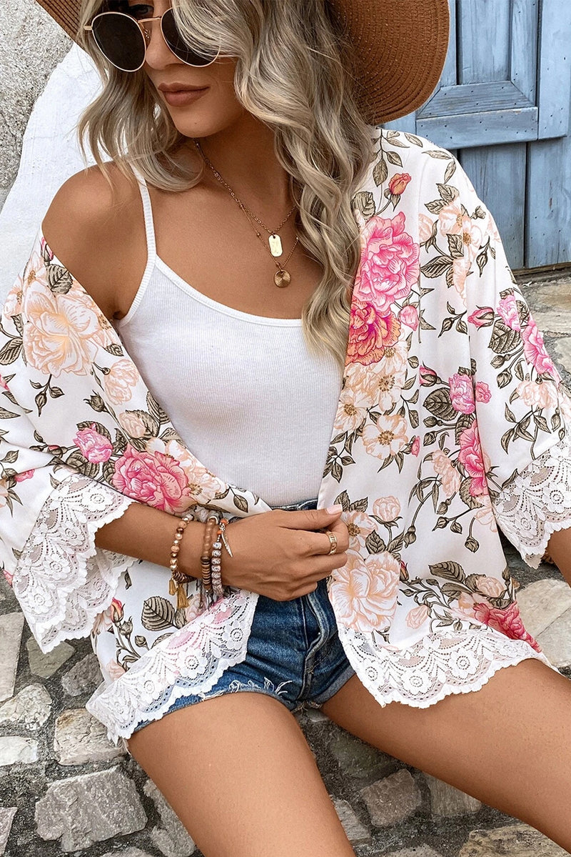 White Floral Print Lace Trim Open Front Cover Up