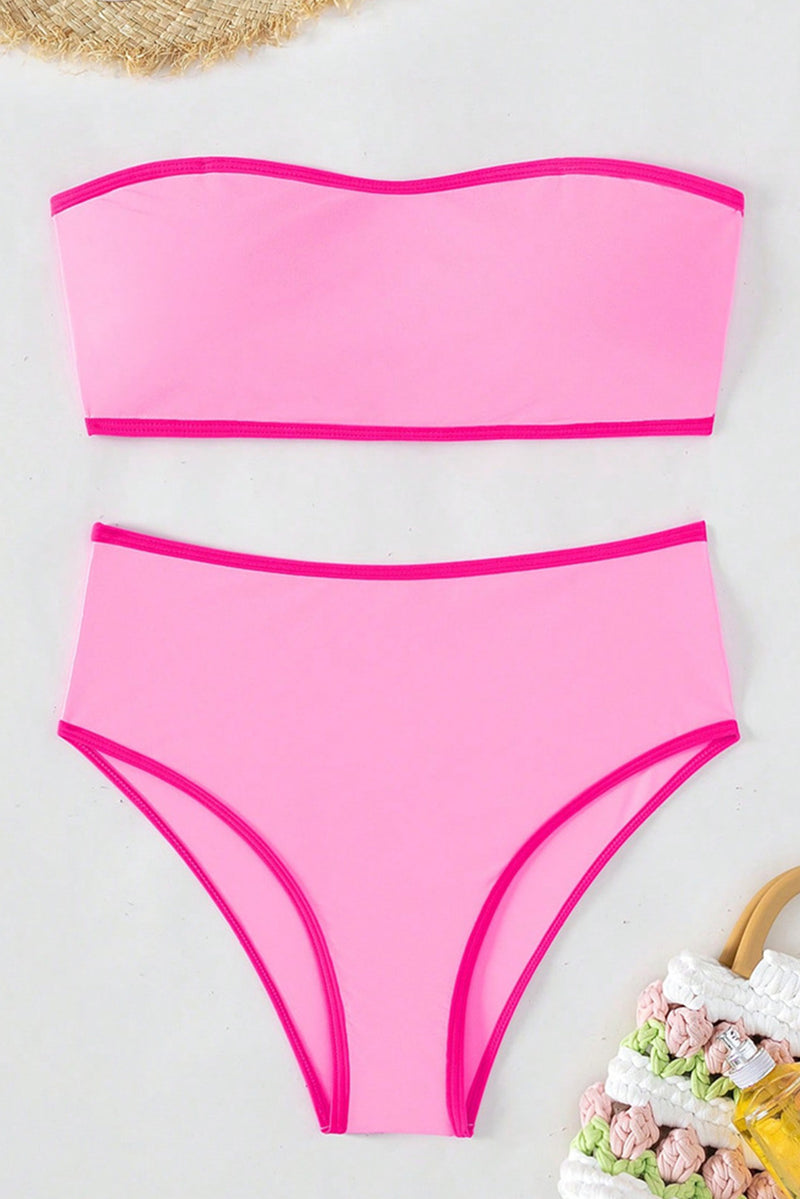 Bonbon Contrast Trim Bandeau High Waist Bikini Swimsuit