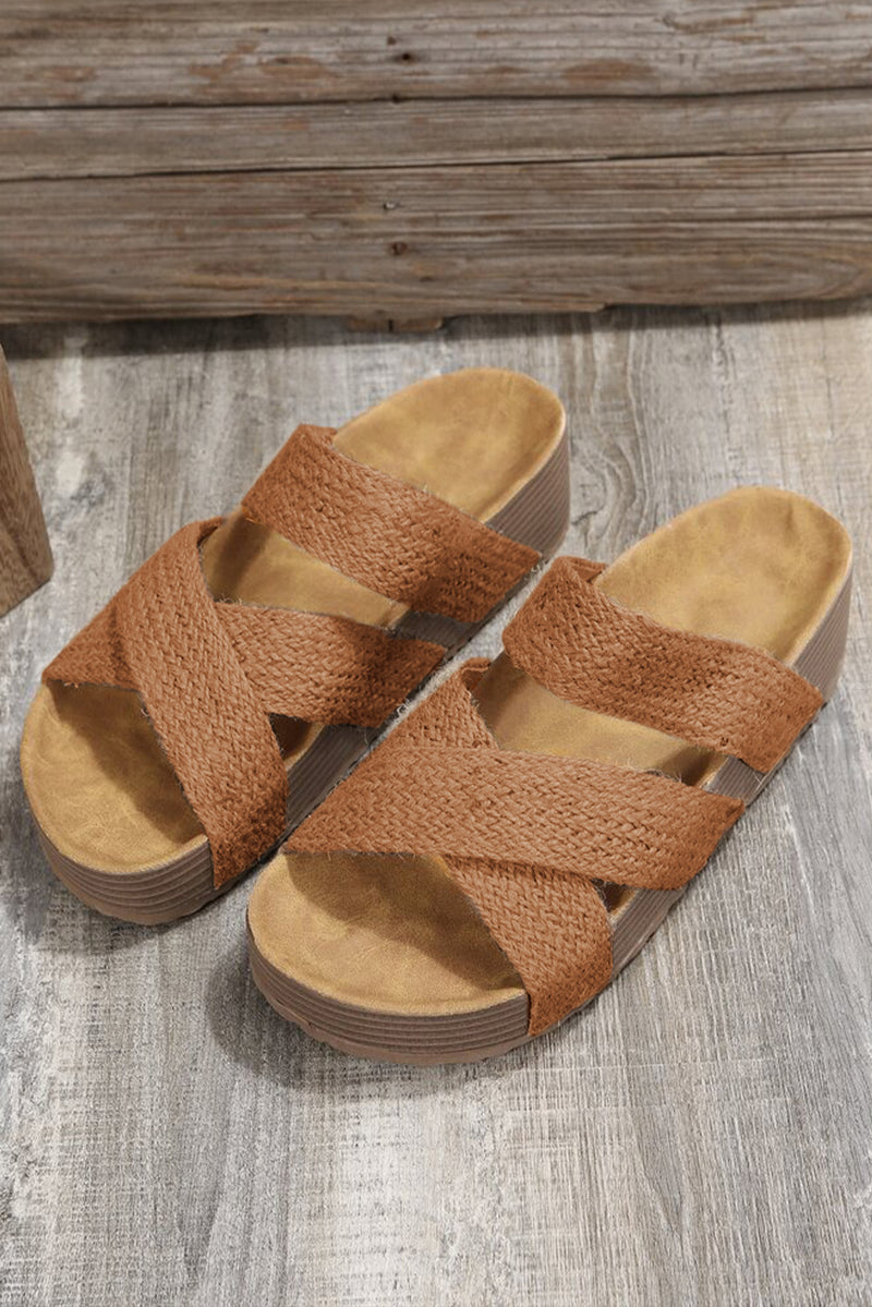 Brown Woven Criss Cross Strap Platform Slides Shoes