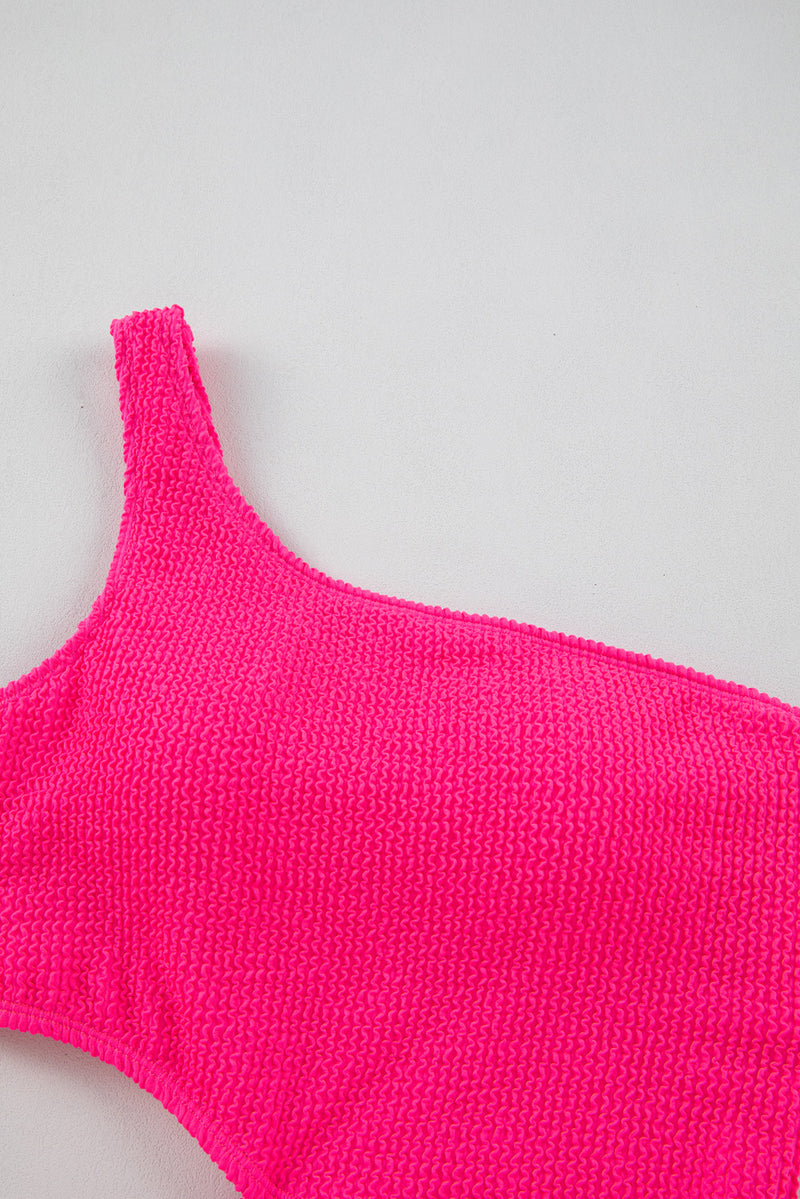 Bright Pink Solid Textured Cut Out Asymmetric One-piece Swimsuit