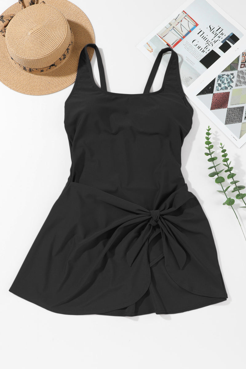 Black Knotted Split Skirt One Piece Swim Dress