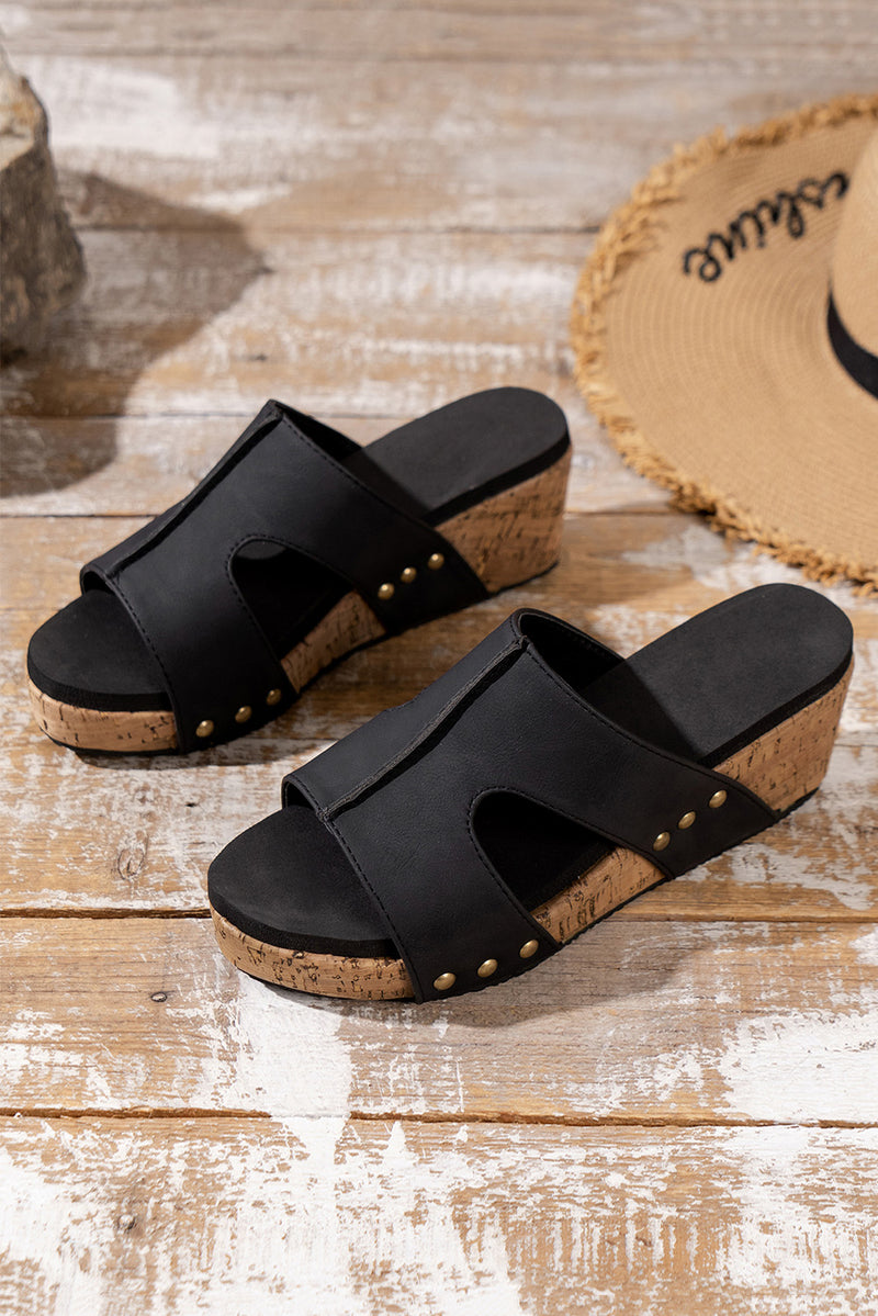 Black Cut Out Rivet Slip-on Wedge Slides Shoes