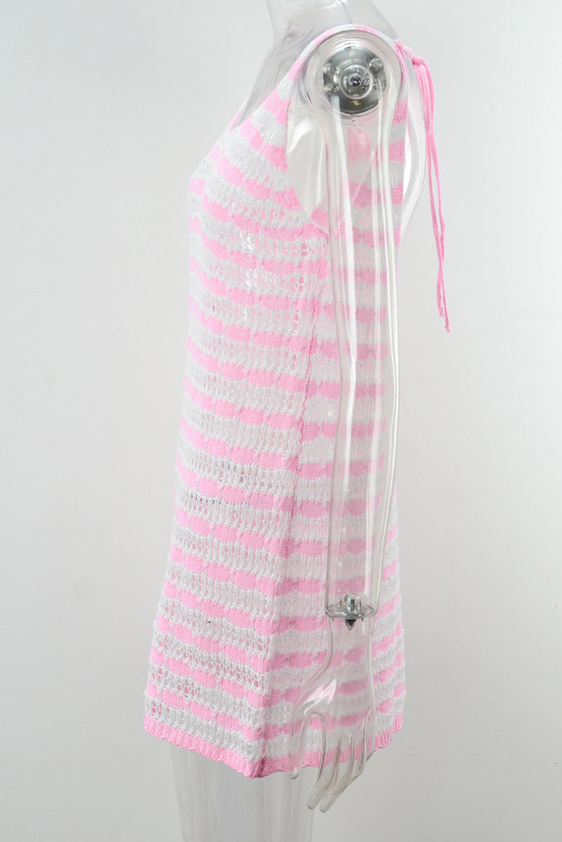 Pink Contrast Stripes Crochet Sleeveless Beach Dress