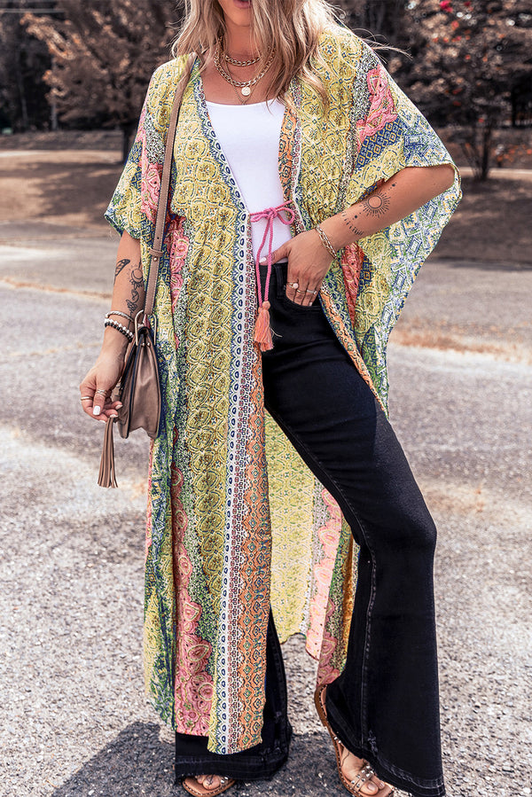 Pink Boho Print Tassel Tie Duster Cover Up