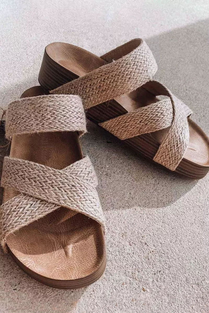 Brown Woven Criss Cross Strap Platform Slides Shoes