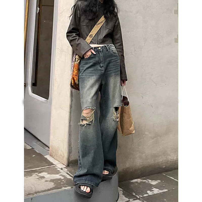 Retro Washed Ripped Baggy Jeans For Women