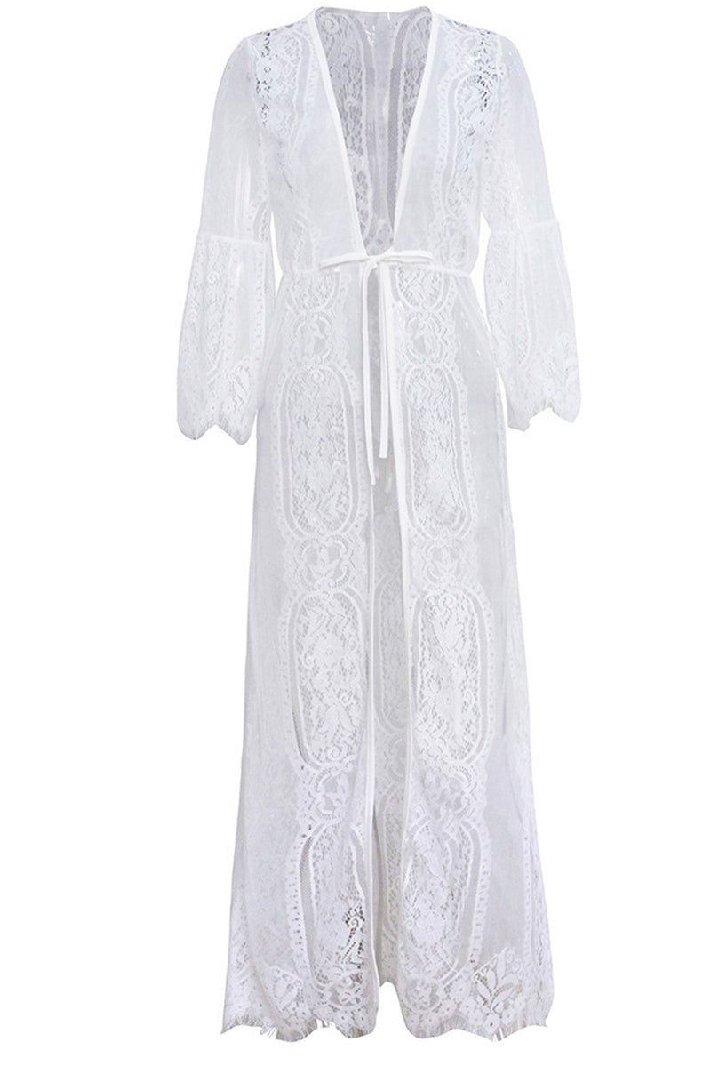 White Lace Split Sleeve Tassel Tie Long Swim Cover Up