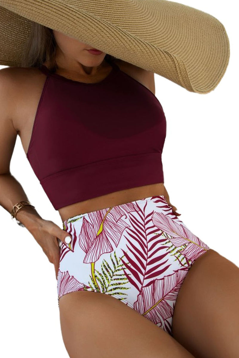 Red Tropical Print Back Split Color Block High Waisted Swimsuit