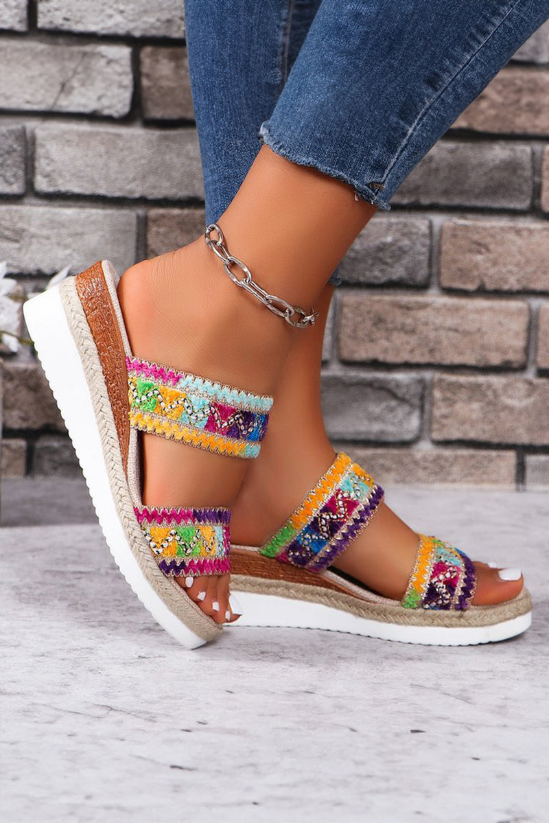 Multicolour Beaded Wide Strap Wedge Slides Shoes