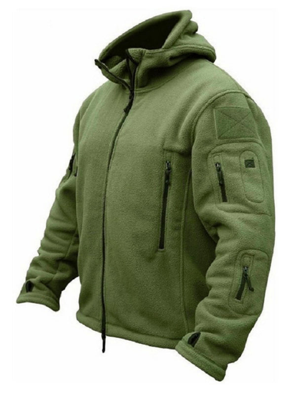 Men's Outdoor Warm Liner Fleece Jacket Cold-Proof Jacket Wind Hood Solid Color Hooded Jacket