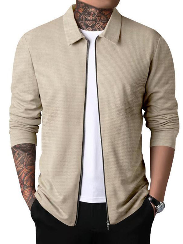 New Men's Waffle Zip Lapel Jacket Jacket Cardigan Tops