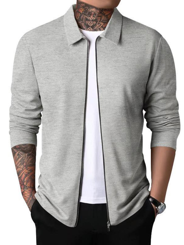 New Men's Waffle Zip Lapel Jacket Jacket Cardigan Tops