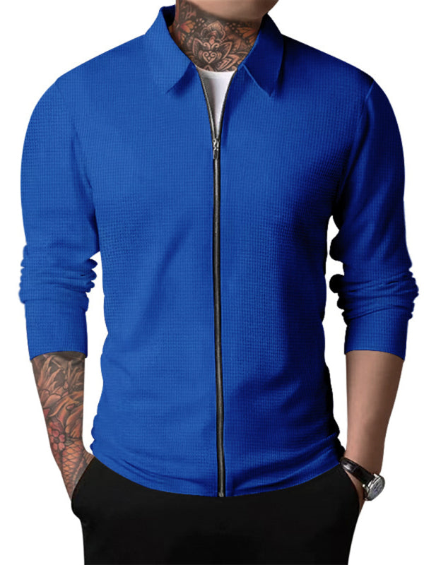 New Men's Waffle Zip Lapel Jacket Jacket Cardigan Tops