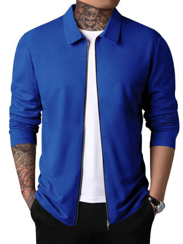 New Men's Waffle Zip Lapel Jacket Jacket Cardigan Tops