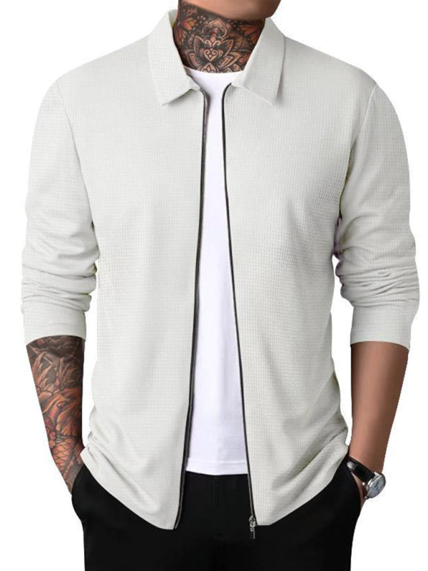 New Men's Waffle Zip Lapel Jacket Jacket Cardigan Tops