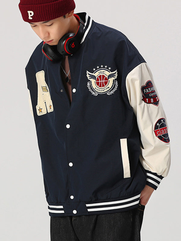 Men's embroidered appliqué bomber button jacket