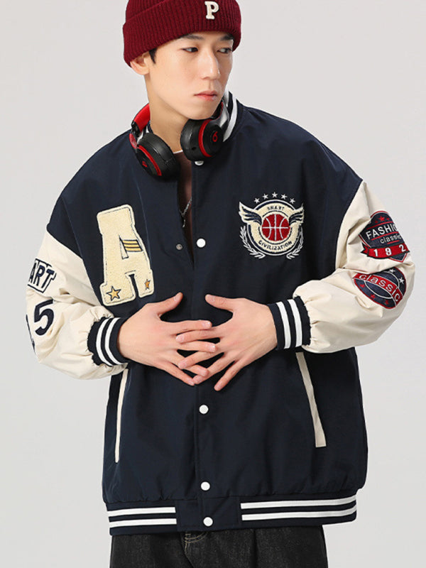 Men's embroidered appliqué bomber button jacket