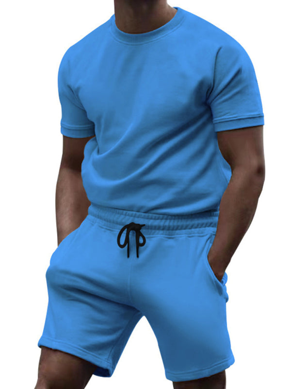 New men's casual fashion solid color short-sleeved T-shirt + quarter pants sports suit