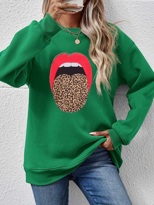 Leopard Lip Graphic Round Neck Sweatshirt